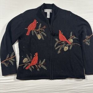 VTG Tiara International Embroidered Beaded Cardinal Birds Full Zip Cardigan L